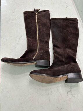 Dark Brown Suede Mid-Calf Boots with Side Zip, Size 8